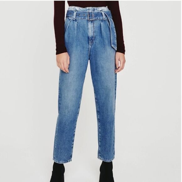 AG Adriano Goldschmied Renn Paper Bag Denim Jeans Wide Leg Belted NWT 28 - Picture 1 of 4
